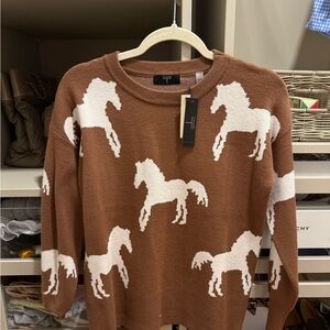 Brown Tahari Sweater with White Horse Pattern